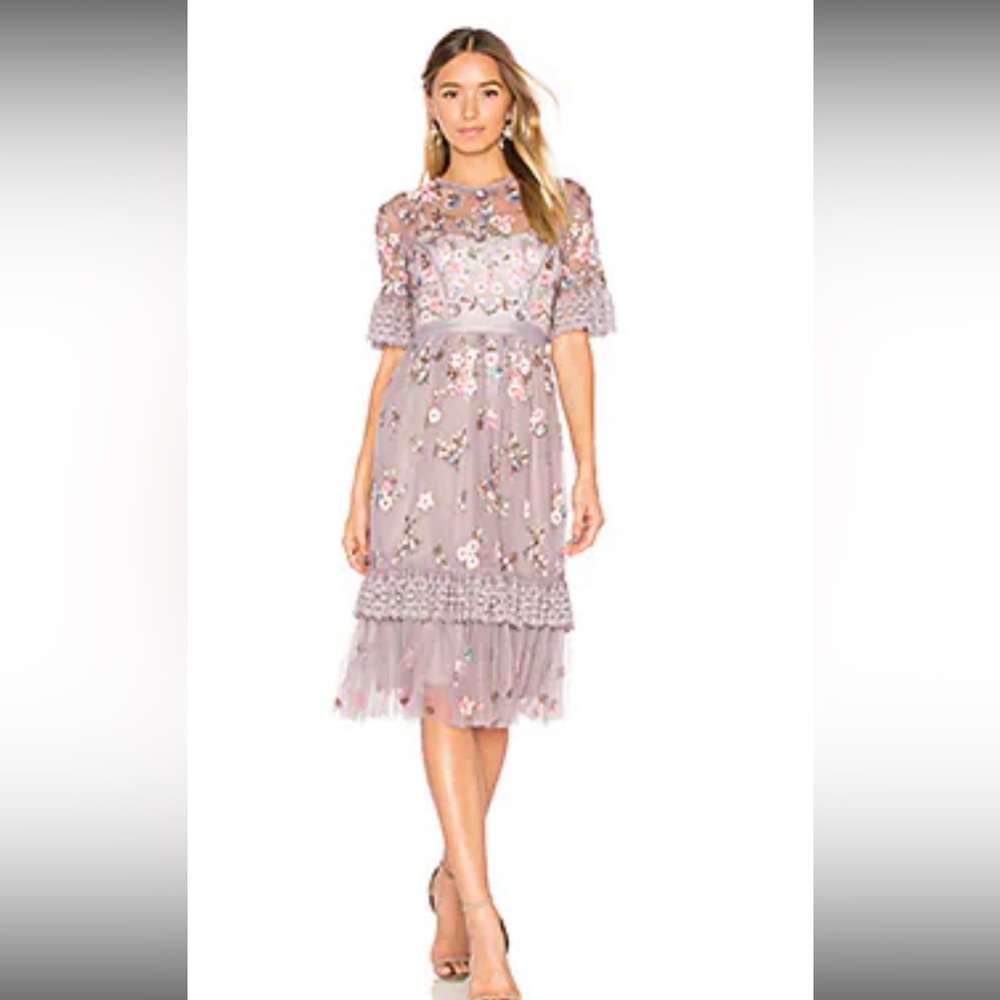 Needle & Thread, Purple Sequin Beaded Floral Lace Tulle MIDI Party Dress